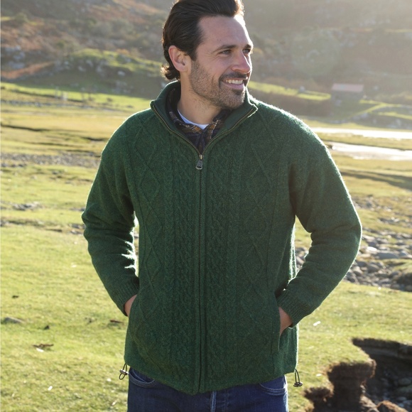 New Mens Aran Zip Front Wool Sweater Blue Green L - Picture 6 of 9